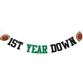 Pre-Strung 1st Year Down Banner - Football 1st Birthday Party Decorations, Game On, First Year Down Bunting Banner Green Black Glitter