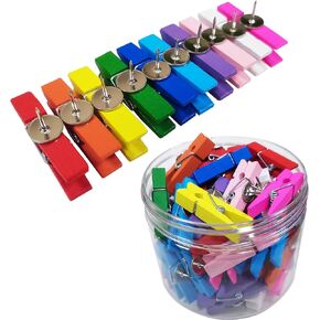 Wooden Push Pin Clips for Cork Board, 50Pcs Thumb Tacks with Colorful Wooden Clips Decorative Push Pins Tacks for Bulletin Board,Artworks Display, Photos Wall.