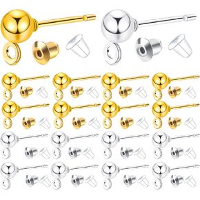 Ball Post Earring Studs, 100pcs Hypoallergenic Earring Studs Ball Ear Pin with Loop Round Ball Spherical Earrings and 300pcs Earring Safety Backs for Jewelry Making, Gold, Silver