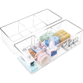 Stackable Clear Drawer Organizers Small Makeup Vanity Storage Bins Trays and Office Desk Drawer Dividers Triple Compartments 2 Pack