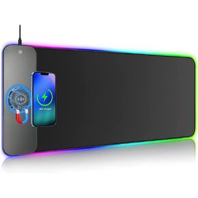 RGB Mouse Pad Magnetic Wireless Charging 15W, LED Light Mouse Pad with 10 Light Modes, Extra Large Mousepad 800x305mm, Non-Slip Rubber Base Computer Keyboard Mat for Gaming, MacBook, PC, Laptop, Desk