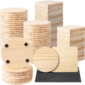 Hushee 96 Pcs Unfinished Wood Coasters 4 Inch Blank Wooden Coasters for Crafts with Non Slip Foam Pad Stickers Wooden Craft Coasters for Christmas DIY Stained Painting Engraving Home Decoration