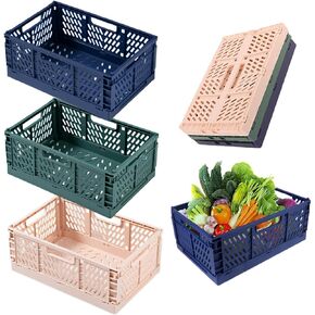 3 Pack Collapsible Crates for Storage, 6L Stackable Crate Organizer with Handle, Foldable Plastic Bins for Storage, Plastic Basket Folding Box for Home Kitchen Bedroom Bathroom Office