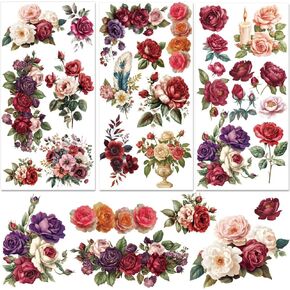 3 Sheets Red Rose Rub on Transfers for Crafts and Furniture Vivid Rose Furniture Transfer Vintage Floral Transfers Sticker for Wood Furniture Journal Scrapbooking Home Decor 5.9x11.8 inch