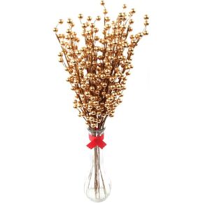 12 Gold Holly Berry Stem Picks - 19" Decorative Wire Stem Branch Sprays for Christmas Tree Decoration, Holiday Décor, Silk Flower Arrangements, Home DIY Crafts, 35 Red Berries on Each Stem