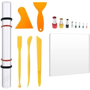 15PCS Polymer Clay Tool Set Acrylic Clay Roller with Thickness Ring,Sheet Backing Board,Clay Scraper,Round Shape Clay Cutter for DIY Craft Pottery Polymer Clay Shaping Tool