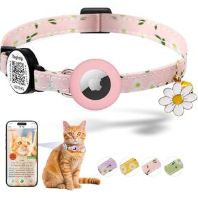 Airtag Cat Collar, Kitten Collar Breakaway with Silicone Airtag Holder with Smart ID tag, Bells & Flower Charm for Girl Cats Boy Small Dogs GPS,Integrated Cat Tracker (Pink)