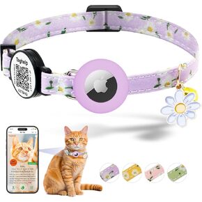 Airtag Cat Collar Lightweight and Comfortable, Bells & Flower Charm Collar Breakaway with Silicone with Apple Air Tag Holder Smart ID tag,GPS Cat Collars for Cats Kittens and Puppies(Purple)