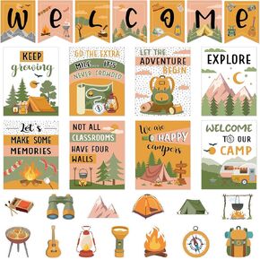 Outus 28 Pcs Camping Welcome Bulletin Board Posters Decor Set Motivational Theme Classroom Decorations Inspirational Quotes Paper Cutouts for Teachers Students Home School Supplies