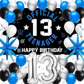 13th Birthday Decoration Set for Boys Girls, Official Teenager 13 Birthday Party Banner Backdrop, Large 13 Foil Balloons, Explosion Star Balloons, 13th Birthday Photo Props Decor, Blue Silver