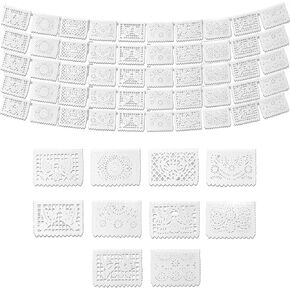 لافتة بيضاء من Papel Picado (5 عبوات - 10 تصميمات لأعلام ورق المناديل لكل لافتة/ليست بلاستيكية) - لافتات مكسيكية بيضاء للحفلات وحفلات الزفاف - ديكورات الحفلات ذات الطابع المكسيكي - Papel Picado Mexicano