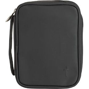 Matte Black Stitched Cross 8 x 6 Fabric Zippered Bible Cover Case with Handle, Compact