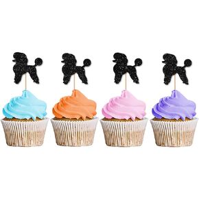 Poodle Cupcake Toppers, Puppy Birthday Cupcake Toppers, Pet Dog Themed Dessert Picks, Little Puppy/Poodle Birthday Party Decoration - Black Glitter