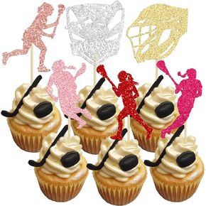 Gyufise 24Pcs Lacrosse Cupcake Toppers Glitter Lacrosse Party Decorations Lacrosse Player Cupcake Picks for Lacrosse Sport Baby Shower Girl Birthday Party Cake Decorations Black