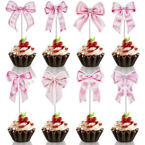 24Pcs Pink Bow Cupcake Toppers - Bow Princess Cake Topper, Paper Bowknot Cupcake Toppers Bow Party Decorations for Girl Birthday Wedding Party Supplies
