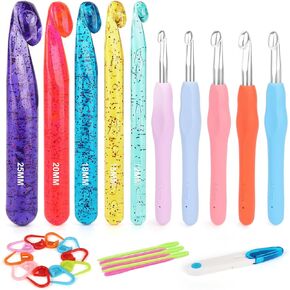 Aeelike Large Crochet Hooks, 39 PCS Crochet Hooks Set Including Ergonomic Crochet Hooks (6.0mm-12.0mm) & Huge Crochet Needles with Crystal Design (12.0mm-25.0mm) for Blanket Chunky Yarn