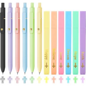 6 Pack Colored Pens and 6 Pack Bible Highlighters Set, Vibrant Aesthetic Pastel Highlighters & No Bleed Ink Colorful Gel Pens for Bible Study, Journals, and Planner (Bright)