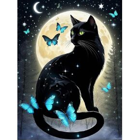 5D Black Cat Diamond Art Kits for Adult Beginners Moon Cat Diamond Painting Kits for Adults Butterfly Diamond Painting Full Drill Round Rhinestones Gem Art for Home Wall Decor 11.8X15.7inch