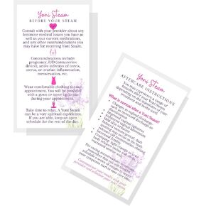 Boutique Marketing LLC, Yoni Steam Before & After Your Steam Care Instruction Cards 50 Pack 2x3.5In In Business Card Size White with Pink and Purple Design, white, pink, purple
