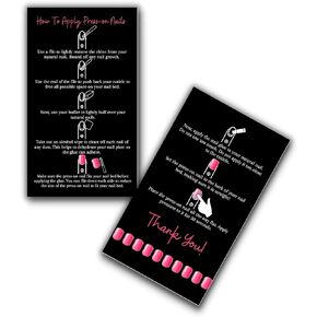 Press-On Nail Application Instructions Cards | 50 Pack | 2x3.5inch inch Business Card Size | DIY Press-On Nail Kit | Black and Pink Design,black, pink, white