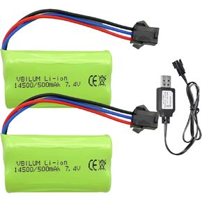7.4v 500mah Rechargeable Battery SM-3P Plug 3.7wh Li-ion Battery for MN82 RC Car Rock Crawler Battery LC79 1/12 RC Truck Battery 1/16 RC Drift Car Battery Monster Truck Battery and USB Charger Cable