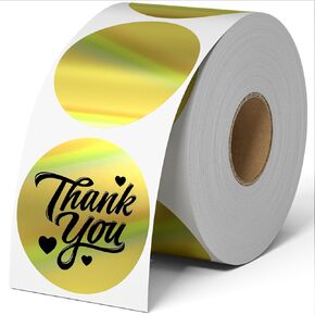RBHK 2" Holographic Thermal Label Stickers - 400pcs Round Thermal Printer Labels, Gold Thermal Sticker Labels for Logo Design, Gift Wrapping, Name Price Tag, Thanks Card, 400 Labels/Roll