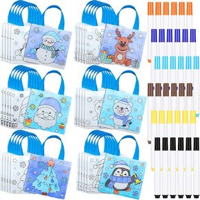 36 Set Christmas Coloring Goodies Bags with Handles Color Your Own Bags Kit Craft Coloring Winter Gift Bags with 36 Pens for Kids DIY Candy Treat Bags for Xmas Holiday Party Favor Supplies