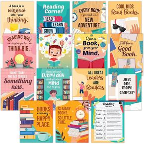 Decorably 15 Reading Posters for Classroom Elementary - 11x14in School Library Decor, Library Posters for Elementary School, Reading Classroom Decor, Library Decorations for School, Reading Classroom Posters