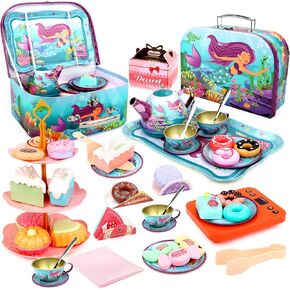 deAO Tea Party Set for Little Girls,48 PCS Princess Tea Time Mermaid Theme Tin Tea Set,Including Teapot,Cups, Dessert,Cookies and Carrying Case, Kitchen Pretend Play for Girls Kids Toys Gifts