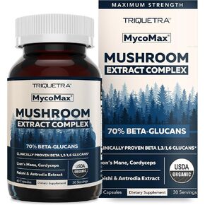 MycoMax Mushroom Complex - 70% Beta Glucans, Max Potency Mushroom Supplement, US Grown + Ultrasonic Extraction - Lions Mane, Cordyceps, Reishi & More - Cognition, Immunity, Energy - 60 capsules