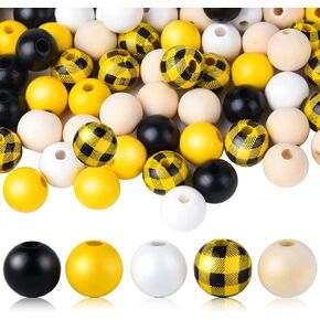 FEPITO 150 Pcs Bee Craft Wood Beads 16mm Plaid Wood Beads Spring Summer Wood Beads Yellow Farmhouse Beads for Fall Thanksgiving DIY Craft Supplies and Decoration Home
