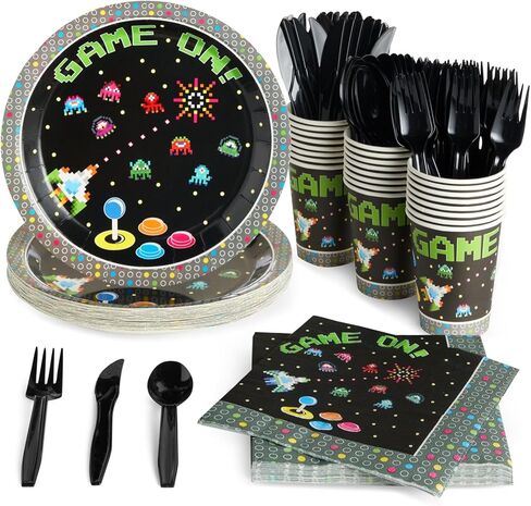 Juvale 144-Piece Retro Video Game Party Supplies - Includes Plates, Napkins, Cups, and Cutlery for Arcade Birthday Party Decorations (Serves 24) in Saudi Arabia