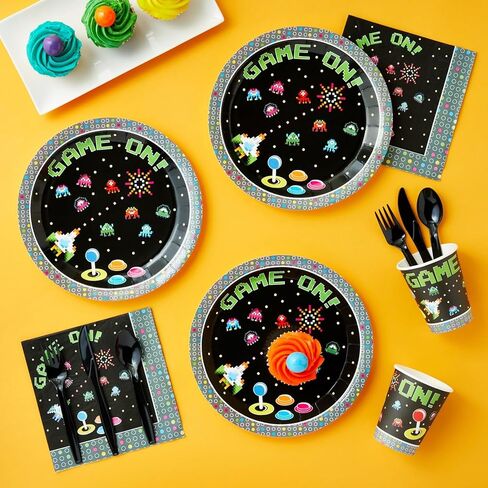 Juvale 144-Piece Retro Video Game Party Supplies - Includes Plates, Napkins, Cups, and Cutlery for Arcade Birthday Party Decorations (Serves 24) in Saudi Arabia
