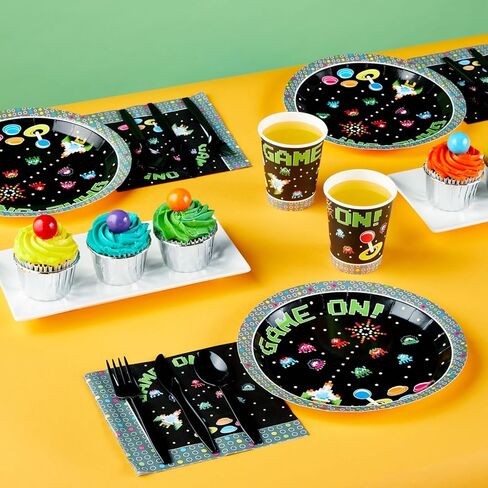 Juvale 144-Piece Retro Video Game Party Supplies - Includes Plates, Napkins, Cups, and Cutlery for Arcade Birthday Party Decorations (Serves 24) in Saudi Arabia