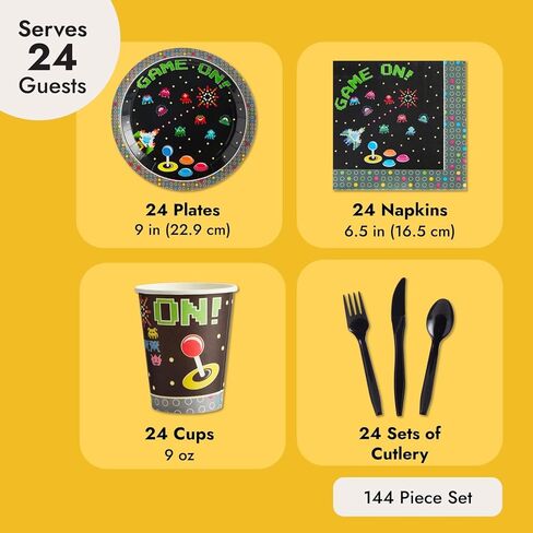 Juvale 144-Piece Retro Video Game Party Supplies - Includes Plates, Napkins, Cups, and Cutlery for Arcade Birthday Party Decorations (Serves 24) in Saudi Arabia