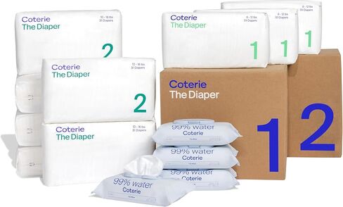 Coterie Baby Diapers + Wipes Baby Kit, Size 2 (186 Count) + 4 Wipe Packs (224) Wipes Made with Plant-Based Fibers, Hypoallergenic, Designed for Sensitive Skin, Clean Ingredients in Kuwait