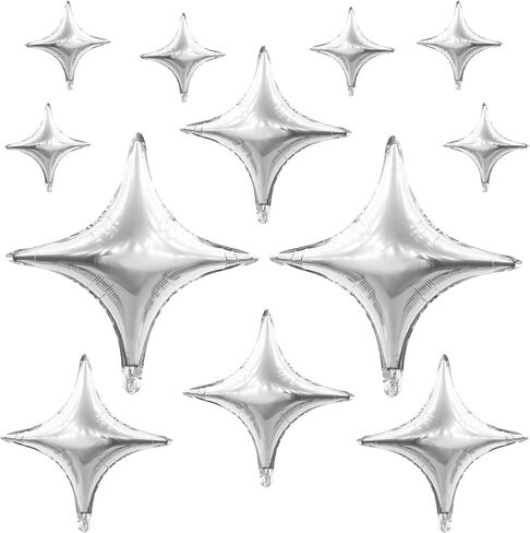 12PCS Silver Star Balloons, 24in 18in 10in Four Angle Star Shaped Balloons Silver Foil Balloons for Wedding Baby Shower Birthday New Year Party Decorations in Saudi Arabia