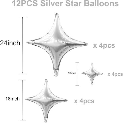 12PCS Silver Star Balloons, 24in 18in 10in Four Angle Star Shaped Balloons Silver Foil Balloons for Wedding Baby Shower Birthday New Year Party Decorations in Saudi Arabia