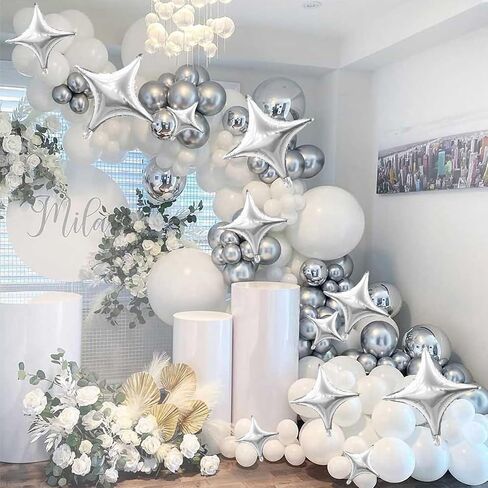 12PCS Silver Star Balloons, 24in 18in 10in Four Angle Star Shaped Balloons Silver Foil Balloons for Wedding Baby Shower Birthday New Year Party Decorations in Saudi Arabia