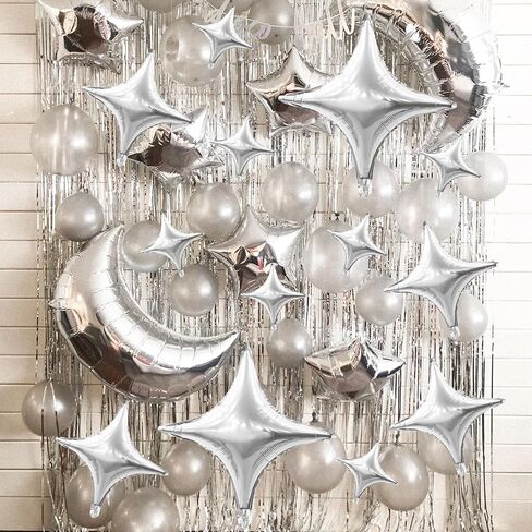 12PCS Silver Star Balloons, 24in 18in 10in Four Angle Star Shaped Balloons Silver Foil Balloons for Wedding Baby Shower Birthday New Year Party Decorations in Saudi Arabia