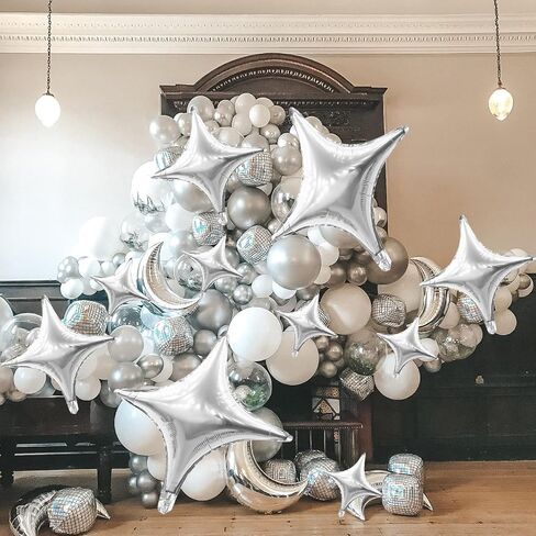 12PCS Silver Star Balloons, 24in 18in 10in Four Angle Star Shaped Balloons Silver Foil Balloons for Wedding Baby Shower Birthday New Year Party Decorations in Saudi Arabia