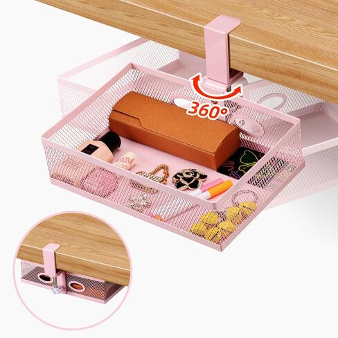 تخزين Omhuzsyo وردي تحت المكتب، مشبك على المكتب تحت سلة درج المكتب، منظم درج يدور 360 درجة، ملحق صينية درج المكتب يوفر مساحة أسفل الطاولة، مناسب لسيناريوهات مختلفة (وردي) in Kuwait