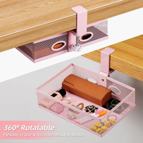 تخزين Omhuzsyo وردي تحت المكتب، مشبك على المكتب تحت سلة درج المكتب، منظم درج يدور 360 درجة، ملحق صينية درج المكتب يوفر مساحة أسفل الطاولة، مناسب لسيناريوهات مختلفة (وردي) in Kuwait