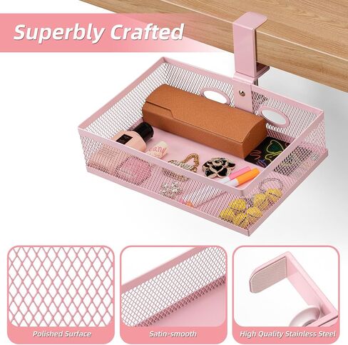 تخزين Omhuzsyo وردي تحت المكتب، مشبك على المكتب تحت سلة درج المكتب، منظم درج يدور 360 درجة، ملحق صينية درج المكتب يوفر مساحة أسفل الطاولة، مناسب لسيناريوهات مختلفة (وردي) in Kuwait