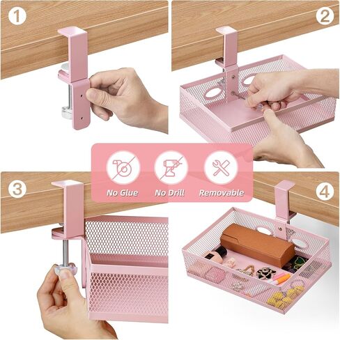 تخزين Omhuzsyo وردي تحت المكتب، مشبك على المكتب تحت سلة درج المكتب، منظم درج يدور 360 درجة، ملحق صينية درج المكتب يوفر مساحة أسفل الطاولة، مناسب لسيناريوهات مختلفة (وردي) in Kuwait