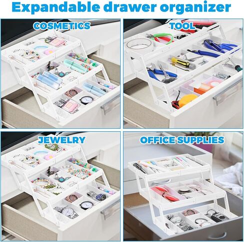 2/3 Tier Drawer Organizer, Expandable Desk Organizer with Dividers Stickers, Collapsible Storage Tray for Cosmetic Jewelry Tools Office Supplies Storage(1 Row 3 Tier) in Saudi Arabia