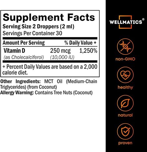 قطرات فيتامين د 3 10000 وحدة دولية من ويلماتيكس - قطرات فيتامين د الممتازة - صنع في الولايات المتحدة الأمريكية - جرعة عالية من فيتامين د 3 - فيتامين د 3 نباتي طبيعي - قطرات فيتامين د 3 لأشعة الشمس - غير معدلة وراثيًا، خالي من الغلوتين فيت د 3 - 2 أونصة سا in Kuwait