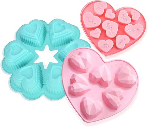 Silicon Heart Molds 3 Pack Diamond Love Mold and Letter Love Mold with Cute Macaron Color, Baking Supplies Can be Use for Chocolate, Cake Candy Baking and Jelly Pudding Handmade Soap Moulds Making. in Saudi Arabia