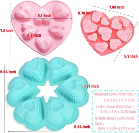 Silicon Heart Molds 3 Pack Diamond Love Mold and Letter Love Mold with Cute Macaron Color, Baking Supplies Can be Use for Chocolate, Cake Candy Baking and Jelly Pudding Handmade Soap Moulds Making. in Saudi Arabia