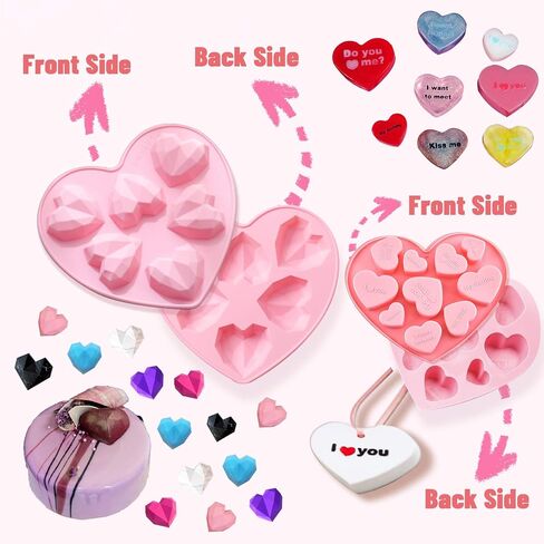 Silicon Heart Molds 3 Pack Diamond Love Mold and Letter Love Mold with Cute Macaron Color, Baking Supplies Can be Use for Chocolate, Cake Candy Baking and Jelly Pudding Handmade Soap Moulds Making. in Saudi Arabia